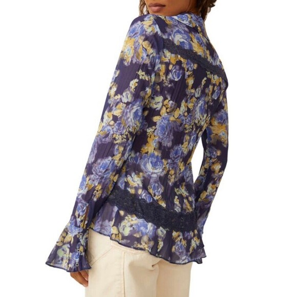 Free People Bad at Love Blouse Sheer Floral Ruffle Sleeve Lace Boho Fairy Whimsy - Picture 4 of 13